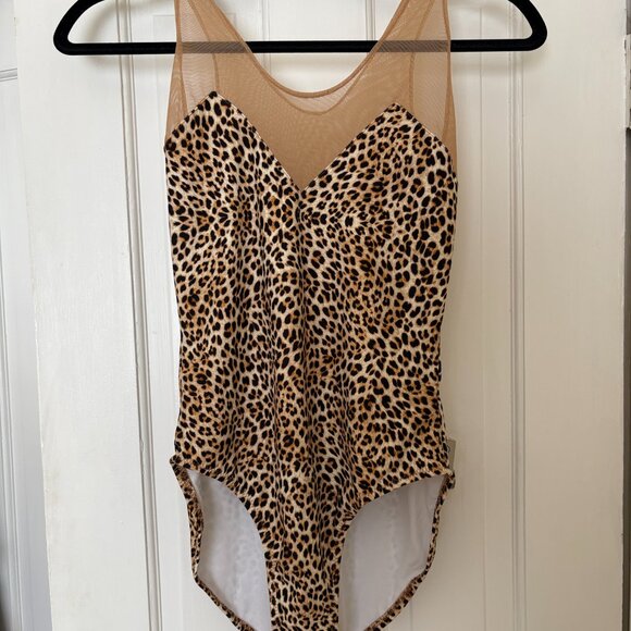 Norma Kamali Racer Deep-V Combo Mio Leopard Mesh One Piece Swimsuit Medium RARE - Picture 1 of 11